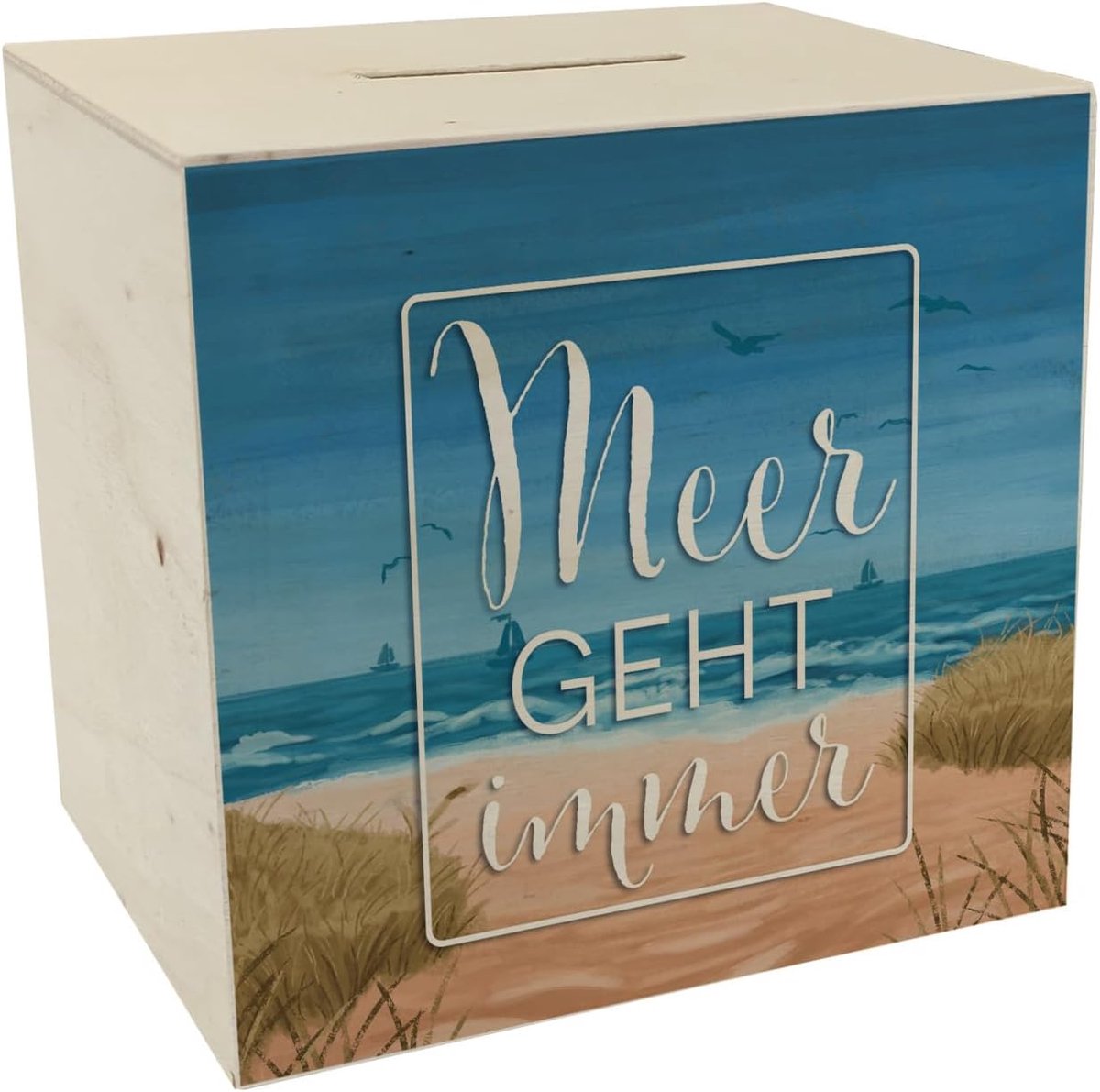 Houten spaarpot vakantie - Praktische spaarbox voor kinderen - Strandmotief met zeilbootjes - SnelShoppen