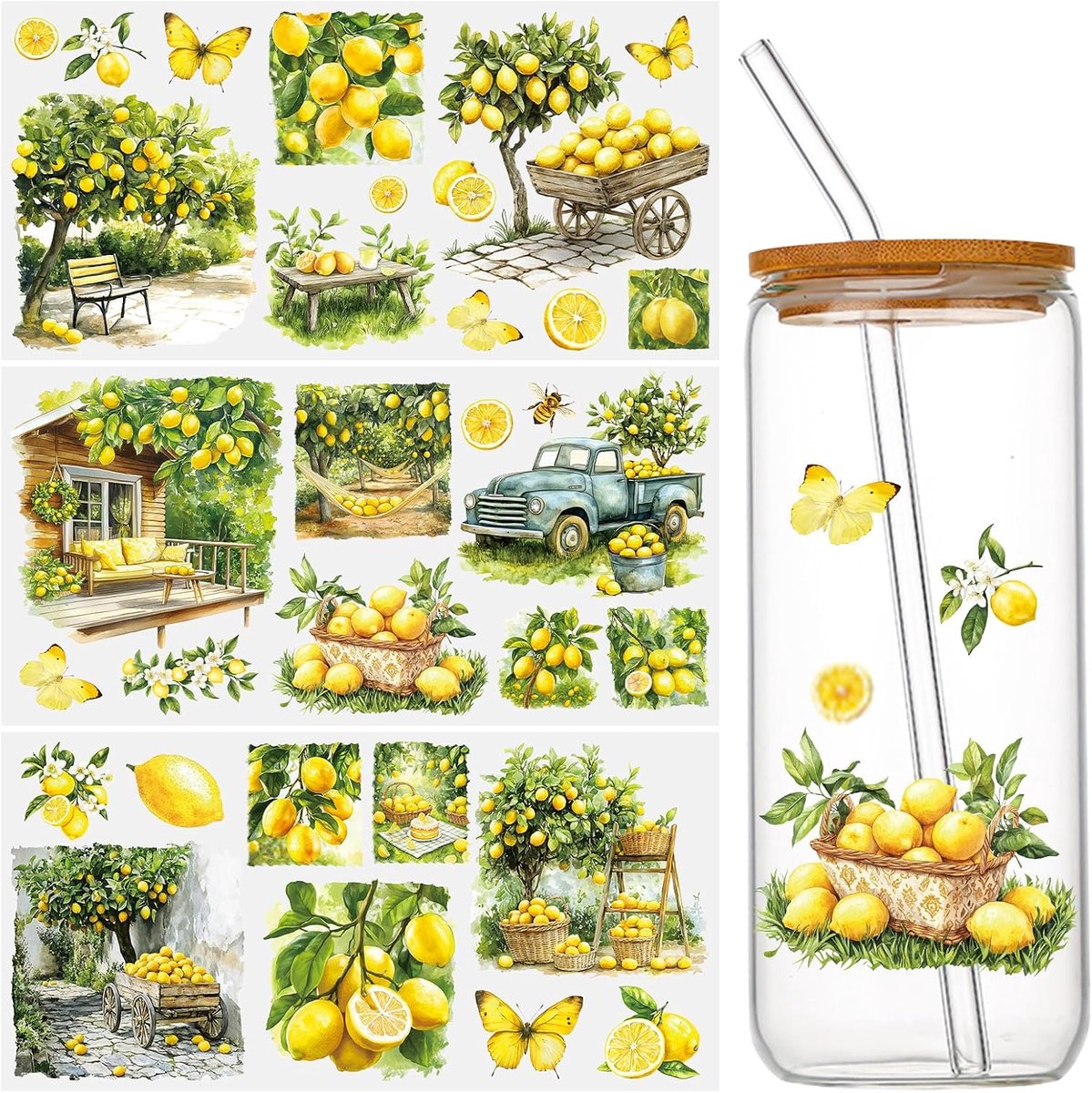 Meubeltransferstickers citroenboomthema - 3 vellen 15 x 30 cm - inclusief schraper en stok - m-winkel