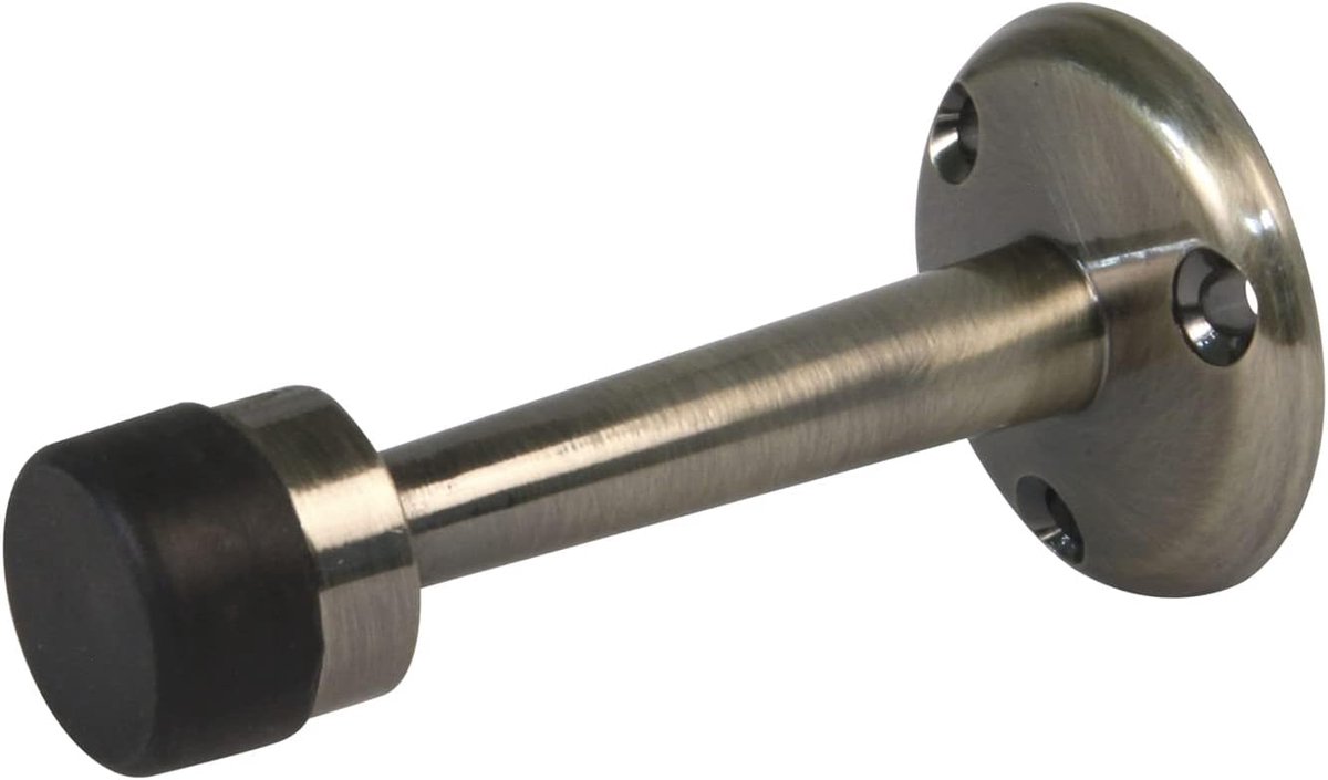 SnelShoppen - Deurstopper - 19 mm Diameter - Model 601 - Messing Look - Leerlook - Zwart Rubber - Wandmontage - Inclusief Schroeven - Voor Alle Vloert