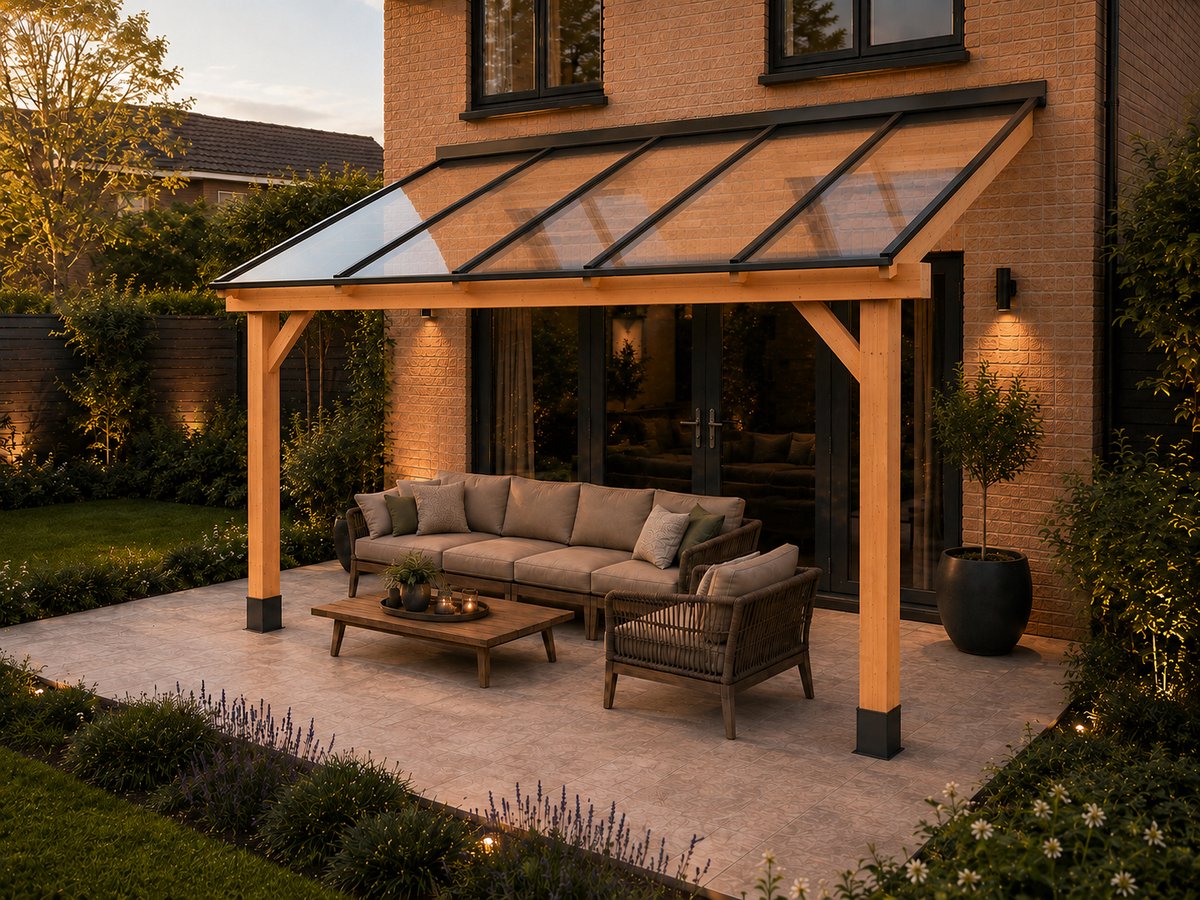 Luxe 5x3 m1 Douglas houten Veranda type Bergen met zware kwaliteit balken, dak van gelaagd veiligheidsglas, compleet bouwpakket