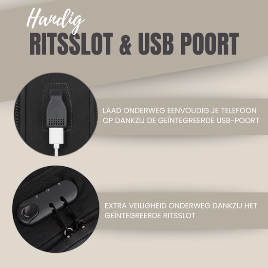 Gedetailleerde afbeelding van de USB-poort en het cijferslot van de zwarte rugzak. "Handig ritslot & USB poort"