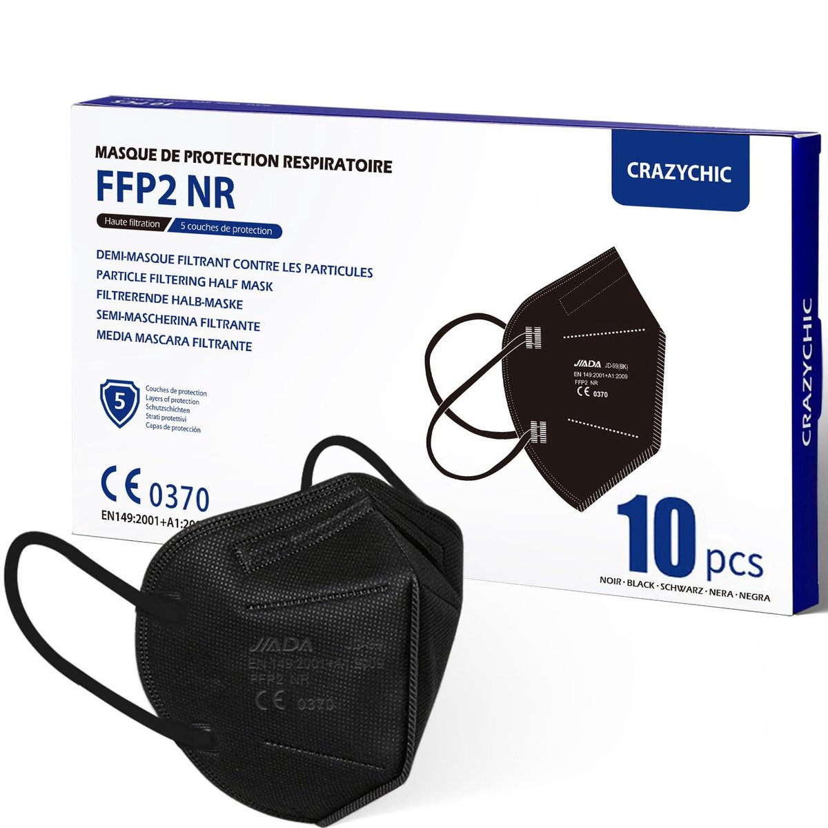 FFP2 NR masker zwart - CE gecertificeerd - hoge filtratie 5 lagen - individueel verpakt - ShopVlot