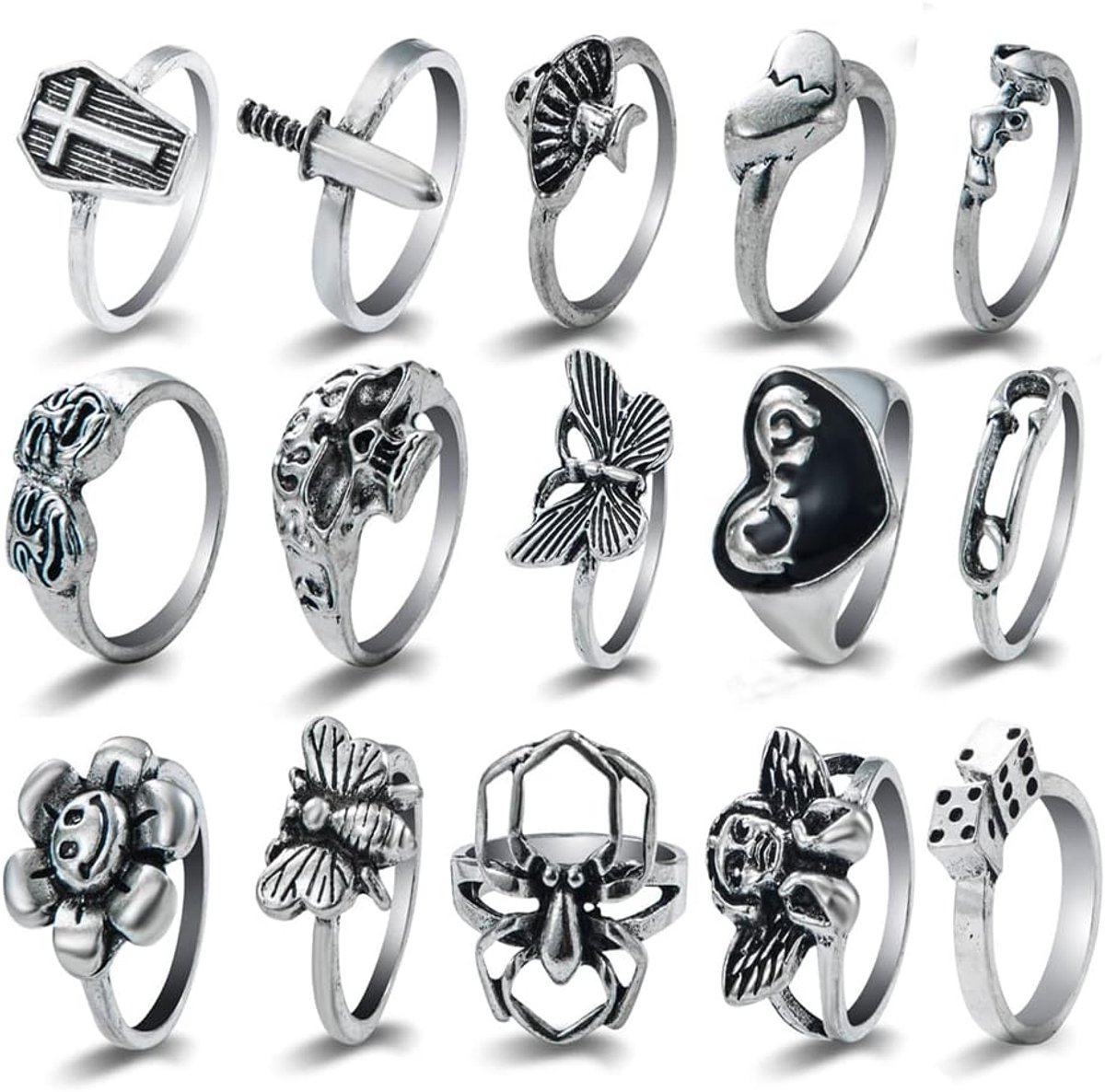 Ringenset, voor dames en heren, open, stevige knokkelringen, emo-stijl, stapelbare dierenringen, coole goth-ringenset, boho Y2K stijl, met aas, vlinder, slang, schedel, hart