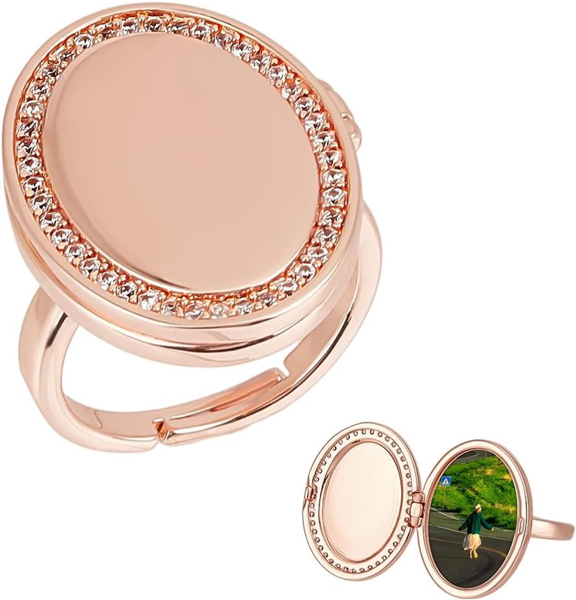 PandaHall Medaillon ring verstelbaar voor dames, fotolijst, ovaal, leeg, omgeven met strass, voor bruiloft, verjaardag, 18,5 x 13,5 mm