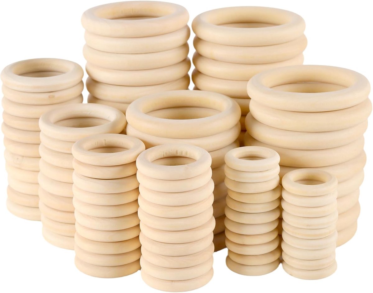 100 stuks houten ringen om te knutselen, macramé houten ringen in 5 maten, natuurlijk houten ringen, knutselring, houten ring voor doe-het-zelf macramé, sieraden, handwerk, gordijnringen, 70