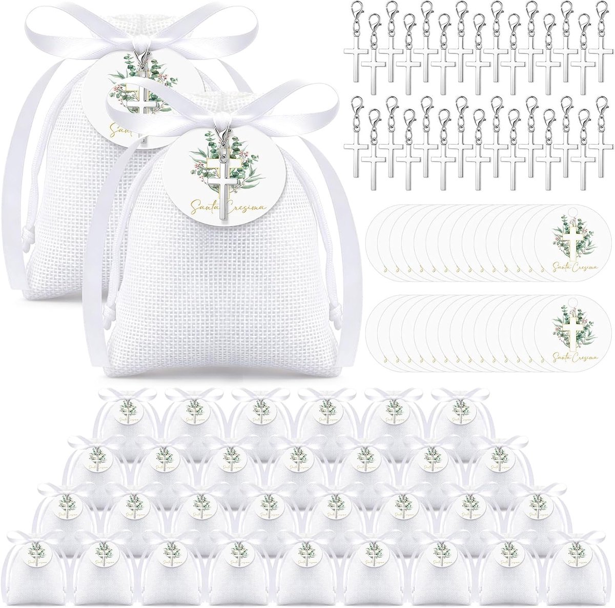 50 Sets Vormselbedankjes, Cadeaulabel met Wit Lint, Kruisje Sleutelhanger, Witte Tas, Bedankjes voor Vormsel, Communie, Doop, Geboorte en Bruiloft