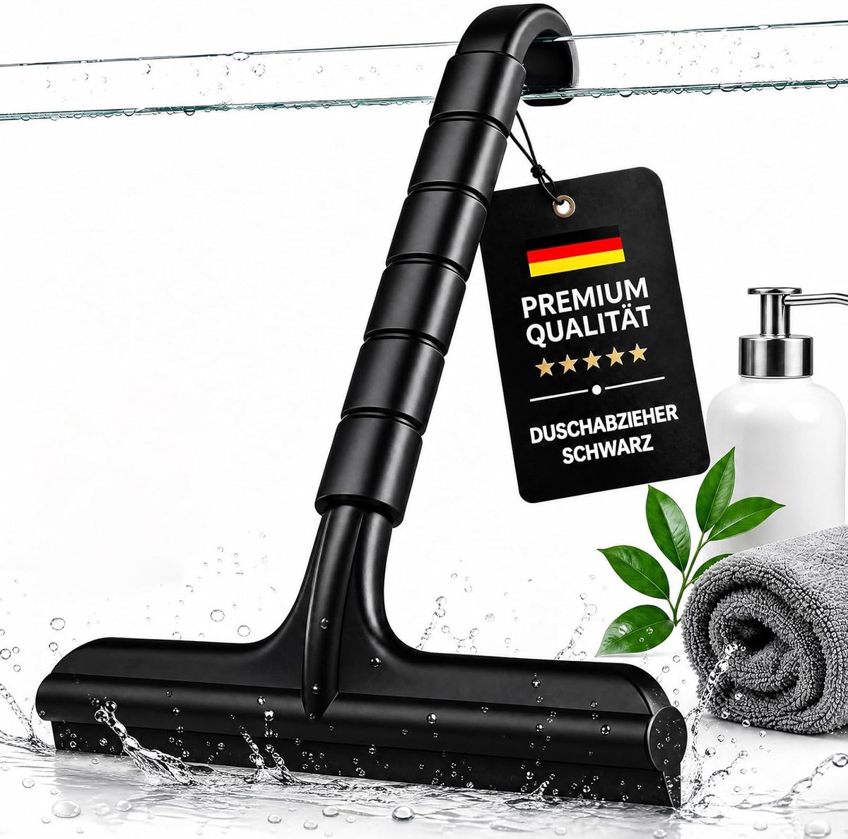 Professionele douchewisser van siliconen, zwart, 21 cm, raamwisser met haken, roestvrijstalen kern, trekker voor douche, badkamer, tegels, spiegels, ramen