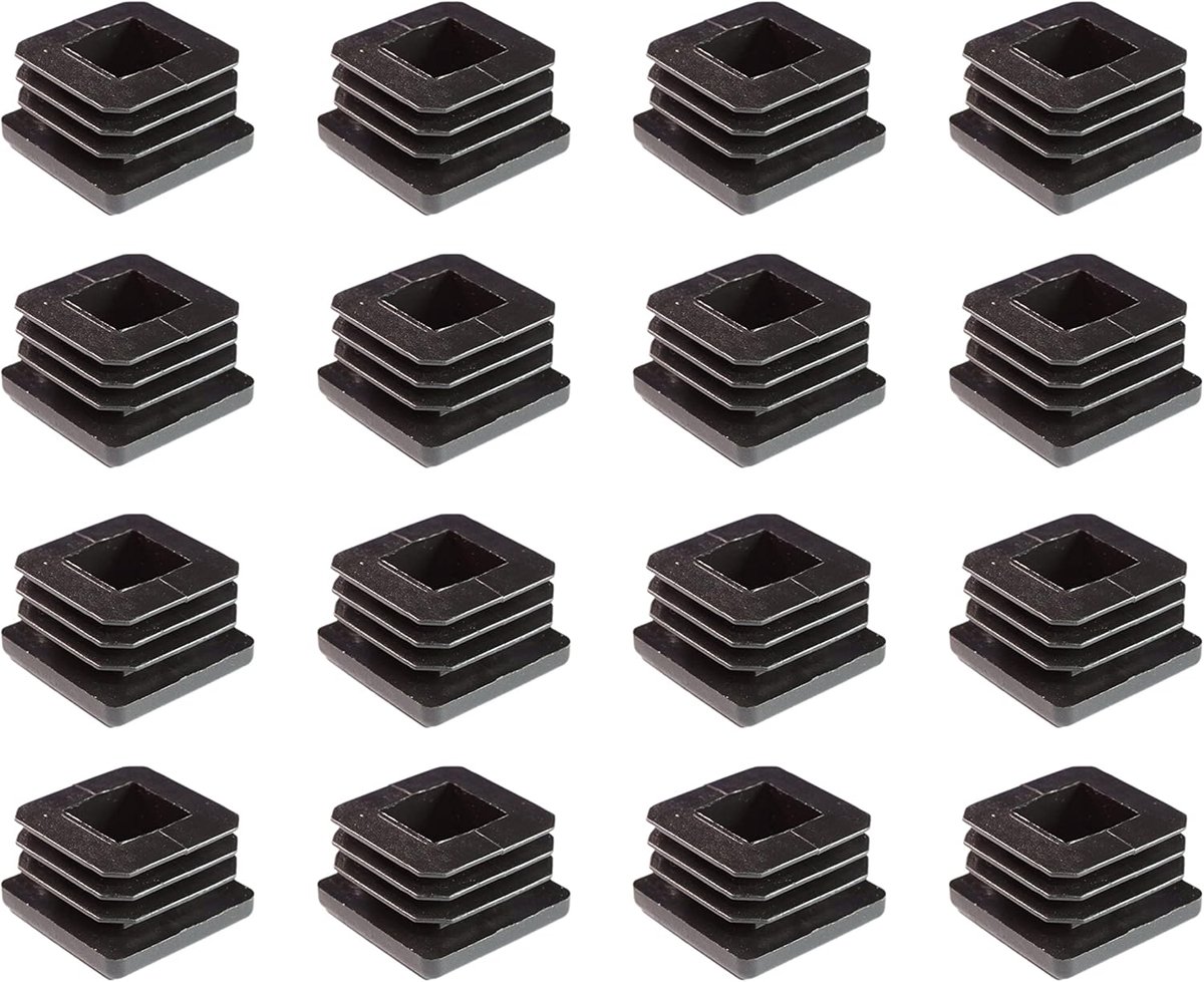 16 stuks vierkante kunststof lamellenstoppen, zwart, 20 x 20 mm, voor buisdikte 1 tot 2 mm, geschikt voor meubels binnen en buiten