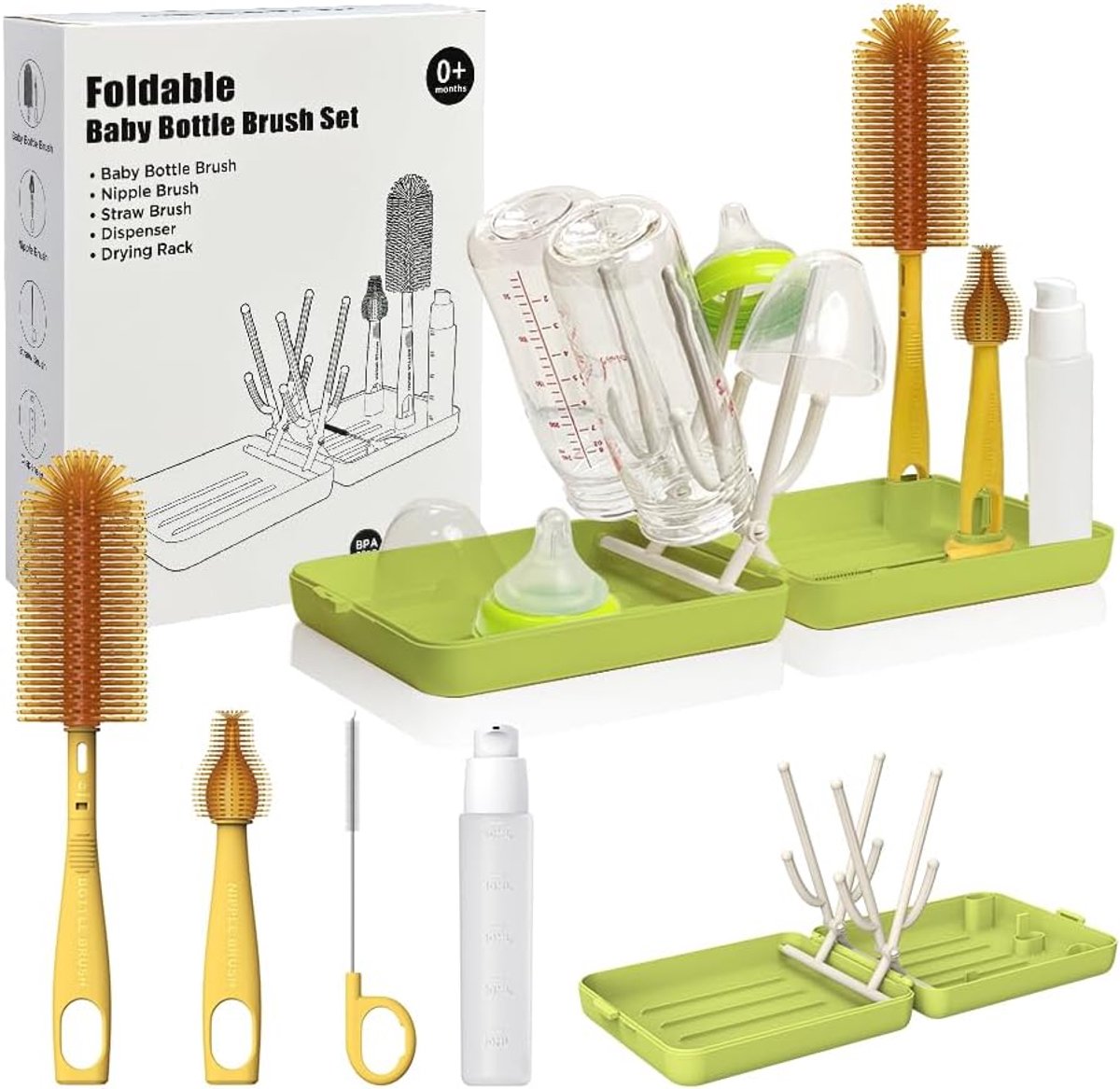 Reisflessenborstel, reisflessenreinigerset met opvouwbaar flessendroogrek, voor bezoek aan vrienden en relaties, babyreisbenodigdheden, BPA-vrij, groen