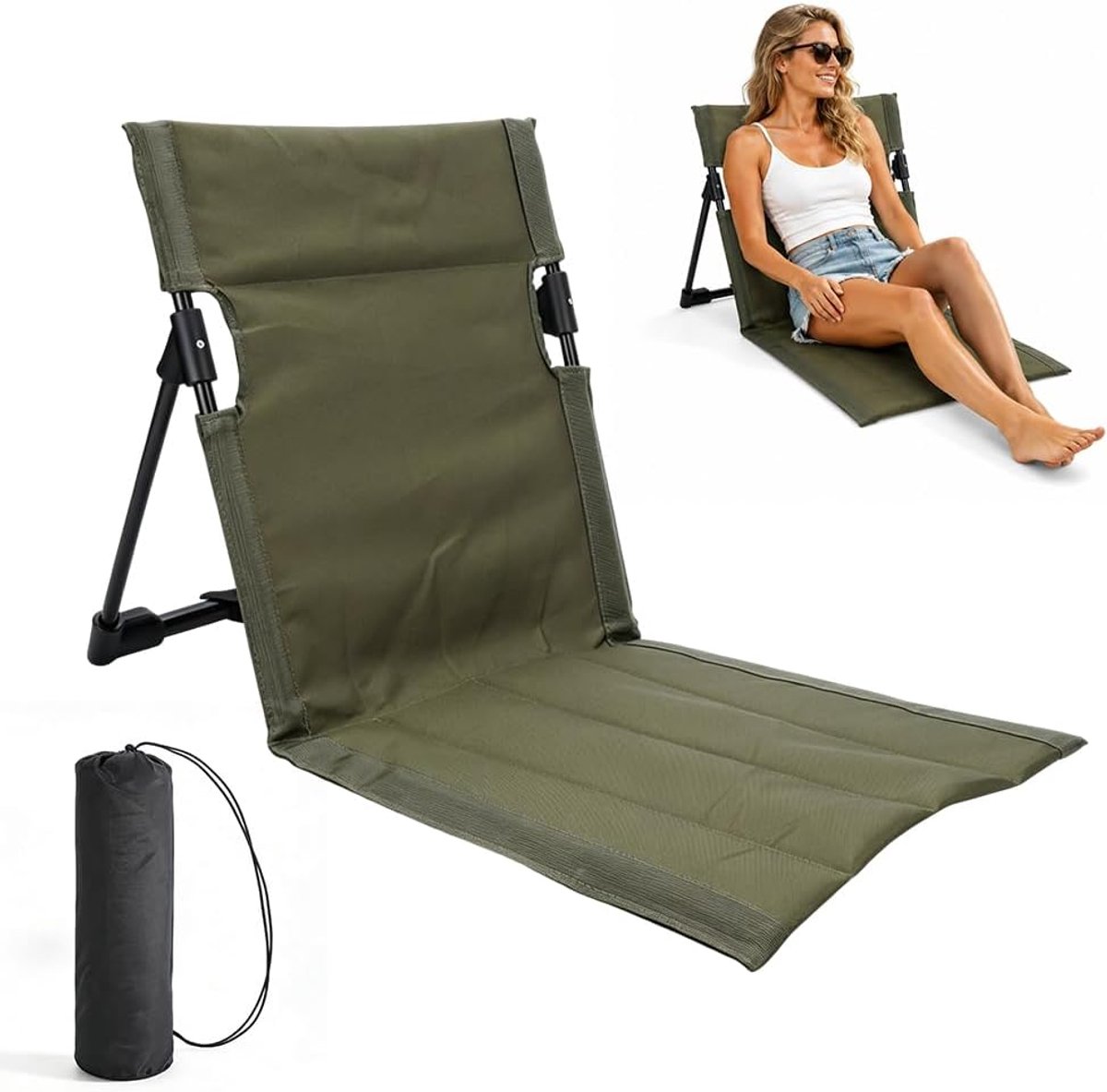 Vloerstoel met rugleuning, comfortabele strandmat met rugleuning, 600D Oxford-weefsel, vloerstoel, outdoor, strandmat, inklapbaar, met draagtas voor strand, vissen, picknick, kamperen, wandelen (groen