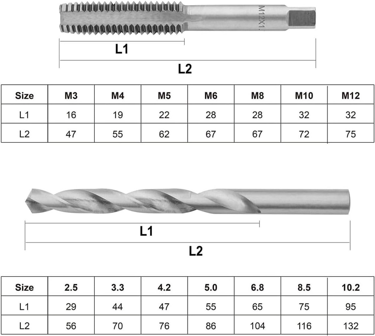 15-delige metrische draadtapset M3 - M12 gelegeerd staal handschroefdraadreparatiegereedschap met tapsleutel HSS-spiraalboren 2,5-10,2 mm