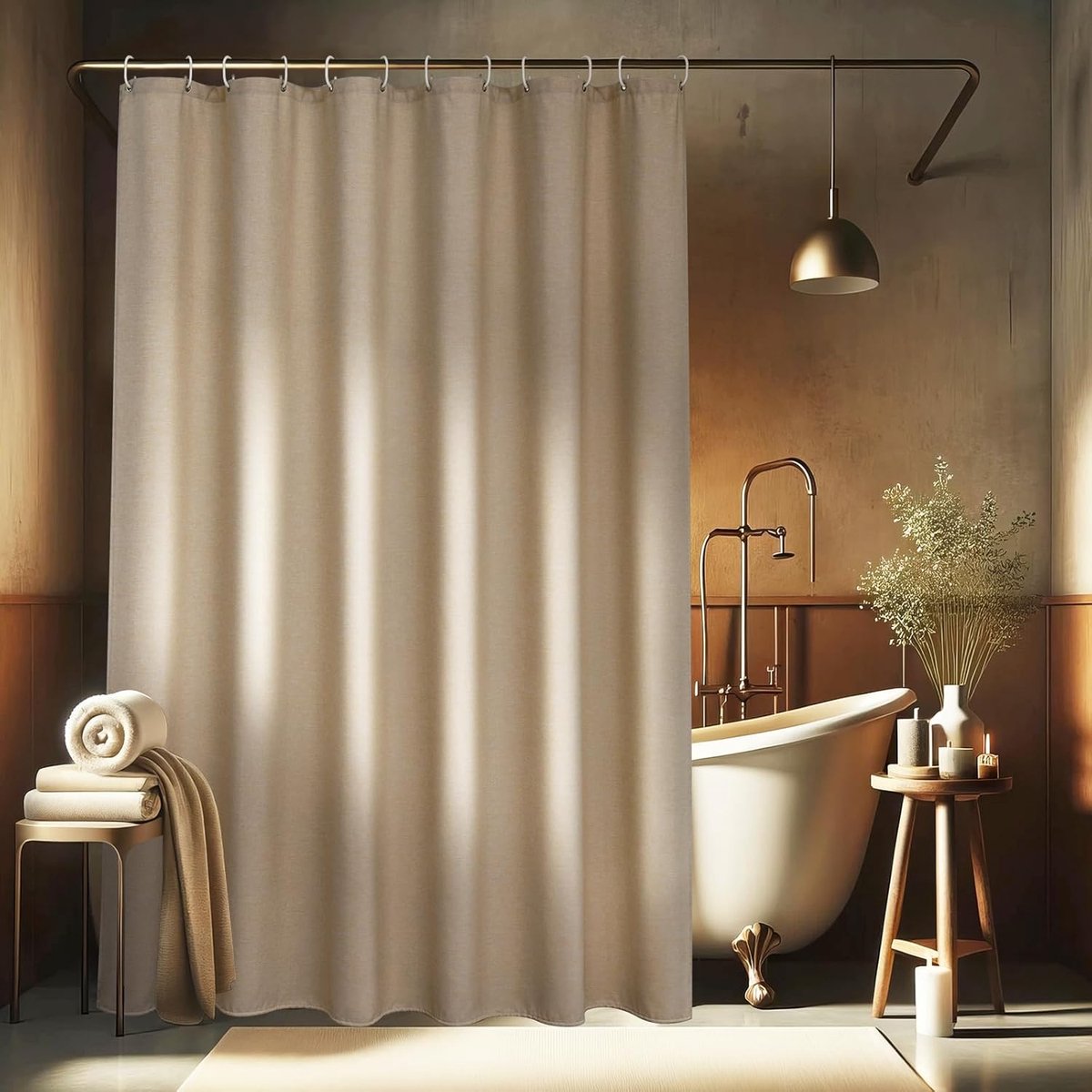 Extra lang linnen gestructureerd douchegordijn, lengte 220 cm, lichtbruin, waterdichte textielstof, zwaar hotel, luxe douchegordijnen, anti-schimmel, wasbaar, badgordijn, 180 x 220 cm, met 12