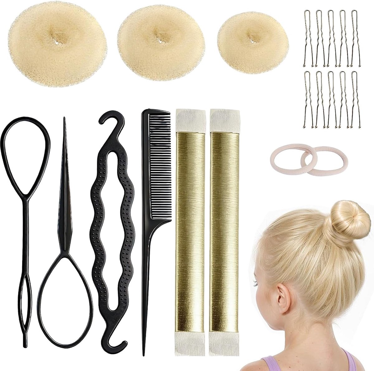 21 stuks haardonuts knotjesset, donuts, knot, haaraccessoires, dames, haarspeld, knot, magisch, voor meisjes, dames, geel