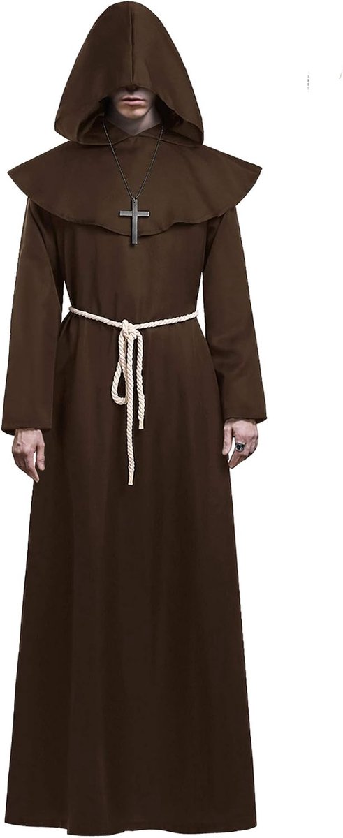 Middeleeuwse monnik met capuchon en zwarte cape, renaissance, priestergewaad, dames en heren, Halloween monnikskostuum voor volwassenen