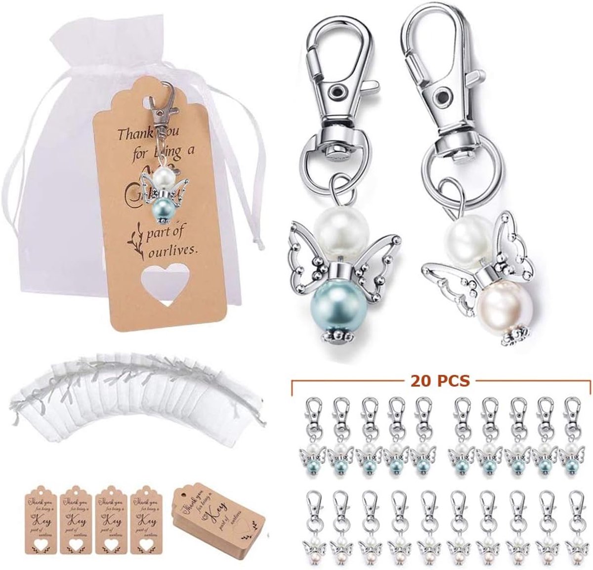 Beschermengel, gastgeschenken, bruiloft, 20 stuks, sleutelhangers, beschermengel + kaartjes, bedankje, cadeaus + organza zakje voor verjaardag, doop, bruiloft, communie, feest