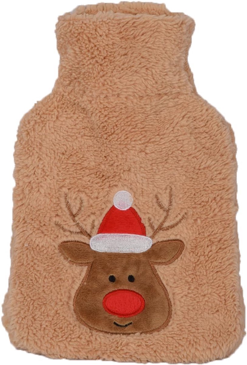 Warmwaterkruik 0.85 liter - Zacht pluche beige - Schattige rendierborduring - Perfect voor ontspanning - SnelShoppen