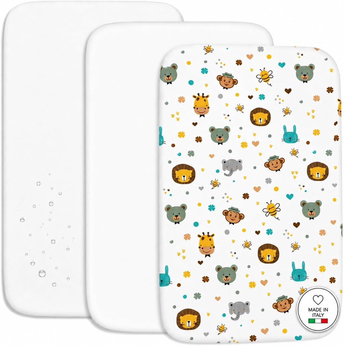 Set van 2 bedlaken voor babybed, 60 x 120 cm + 1 matrasbeschermer voor babybed, waterdicht, 100% katoen, hoeslaken voor kinderbed met stangen, campingbed (Jungla, 120 x 60 cm)