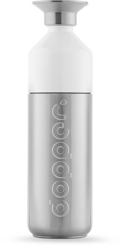 Bouteille Dopper en métal brossé avec un bouchon blanc.
