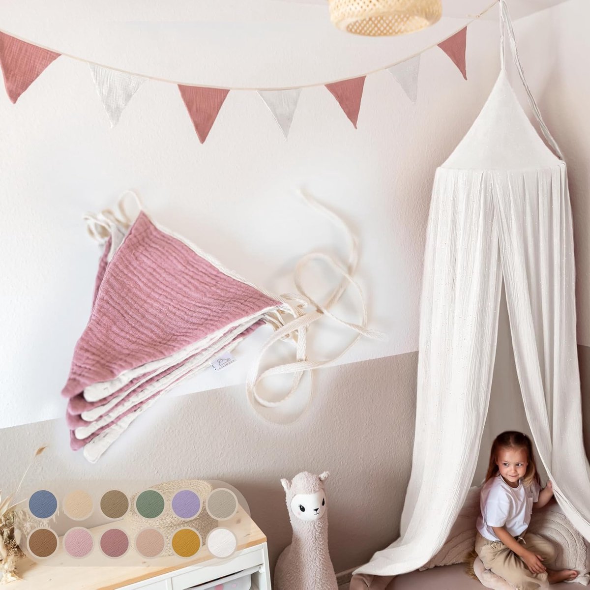 Vlaggenlijn, stof [in 12 kleuren] Vlaggenlijn kinderkamer - 100% katoen, handgemaakte slinger, stof - Vlaggenlijn van mousseline - Huisbeddecoratie voor meisjes & jongens - Slinger voor