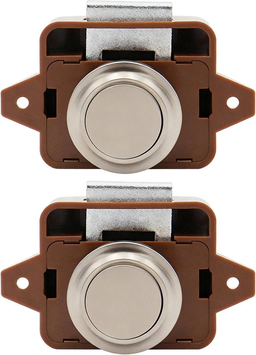 2 stuks Push Lock drukknopslot, camperdeurslot voor kastdeuren en laden, meubelknop, slot bruin/nikkel voor caravans, boot, jacht