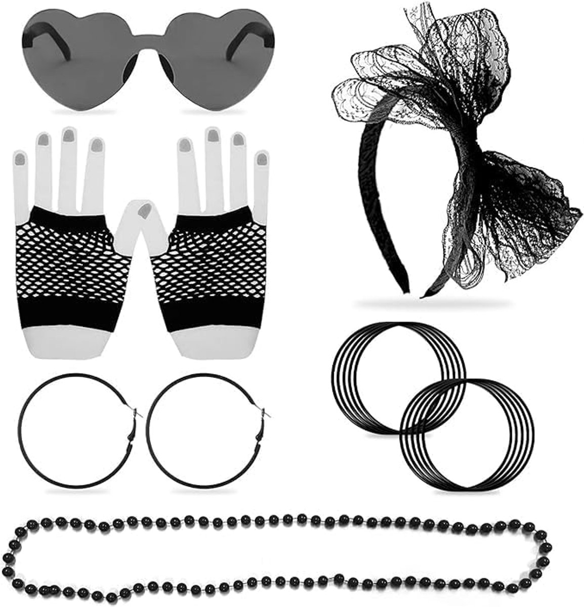 15 STKS 80s Kleding Accessoires Make-up Set, Kant Haaraccessoires Neon Kettingen Vintage Oorbellen Visnet Handschoenen Kleurrijke Siliconen Armband Hart Bril, 80s Retro Party Thema Party