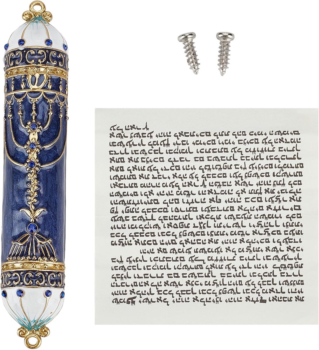 Handbeschilderd Mesusa Huis Inwijdingsobject Van Blauw Kristal Zwart En Gouden Emaille Mesusa Plaquette Joods