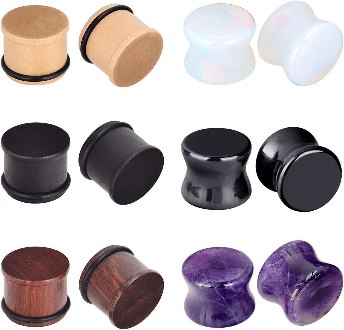 6 paar gauge fleshtunnel oor-plug van hout en steen piercing sieraden stretching double flared stretch oor expanders (6 mm - 16 mm)