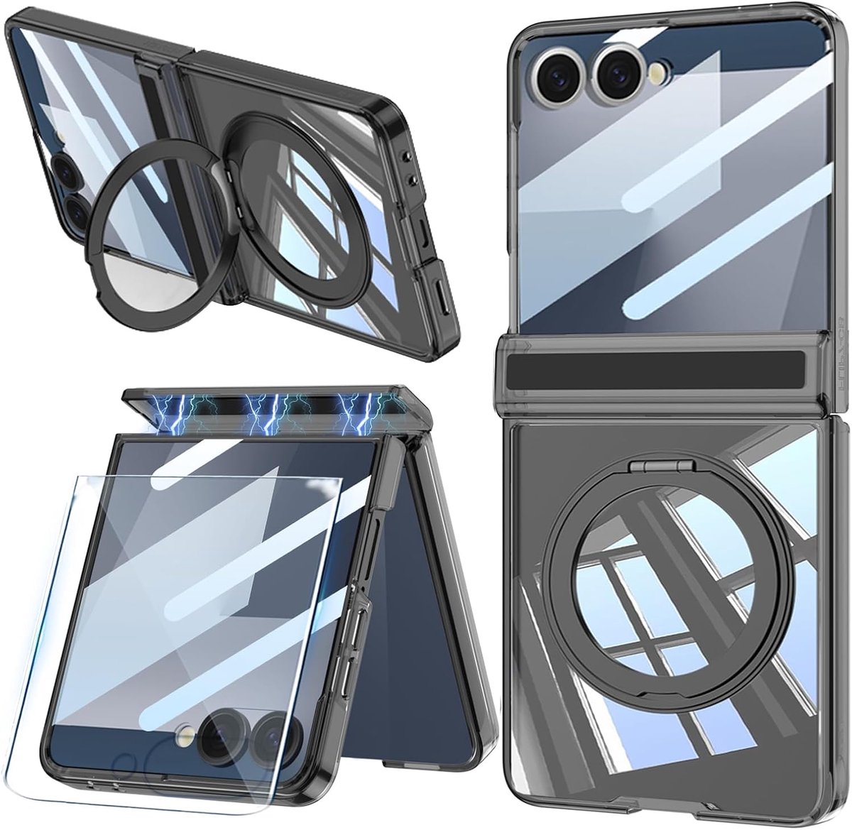 magnetische hoes voor Samsung Galaxy Z Flip 7 met magnetisch scharnier, displaybeschermfolie en draaibare magneetstandaard, ondersteunt draadloos opladen, stootvaste airbag-hoes voor Z