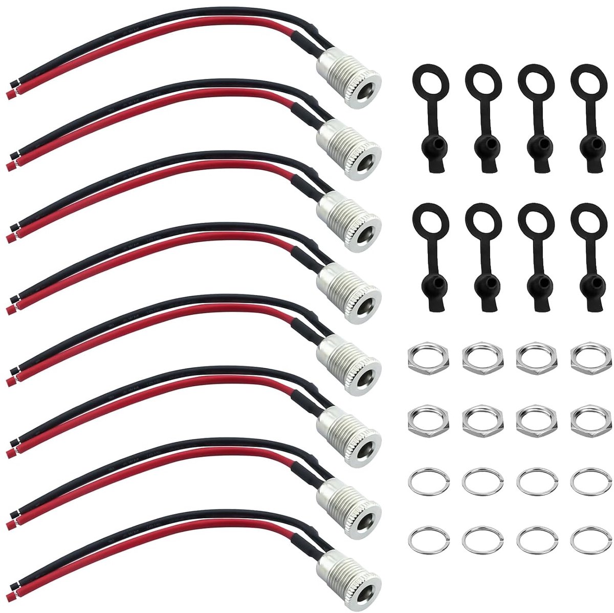8 stuks DC holle stekkers 5,5 x 2,1 mm, 12 V 10 A holle stekker DC Power Jack bus stroombus paneelmontage incl. rubberen beschermkappen, moer en sluitring connector voor doe-het-zelf projecten met