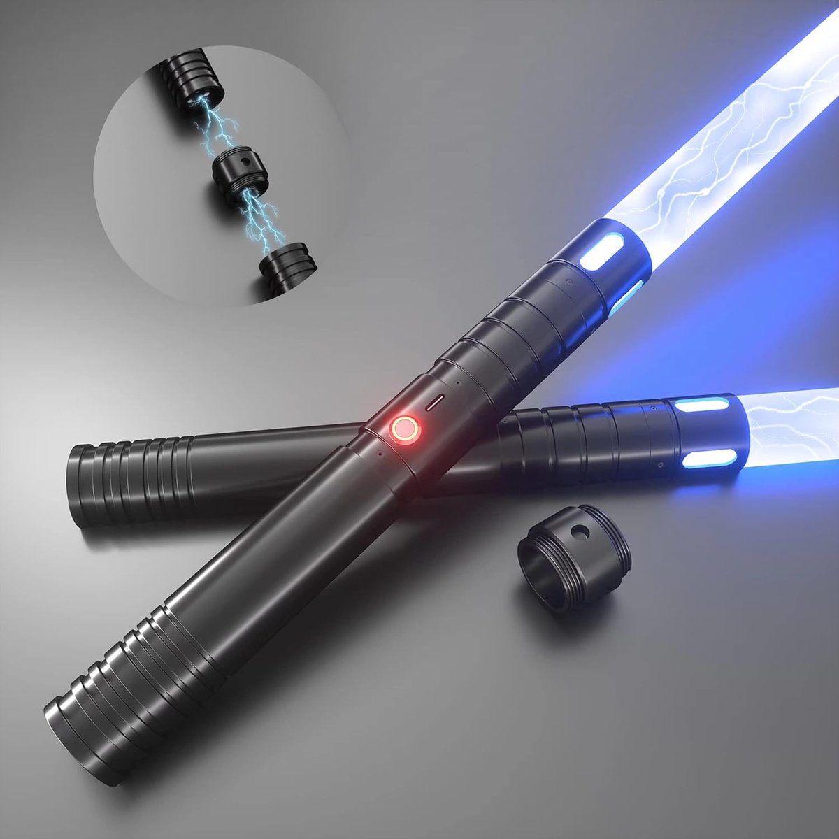 Zwaarden met vibrerende metalen handgrepen, 2-in-1 led-lichtzwaard met 3 klankmodi, metalen handgreep, oplaadbare batterij, licht burst-modus (zwarte handgreep)