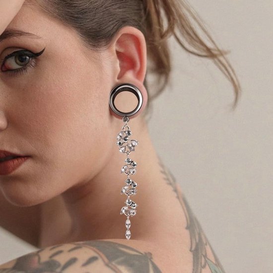 Oor Flesh Tunnel Oor Tunnel met Hanger Zilver Oor Piercing Double Flared Piercing Sieraden Roestvrij Staal Oor Expander Oorplugs voor Vrouwen en Mannen 8 mm-25 mm — afbeelding 4
