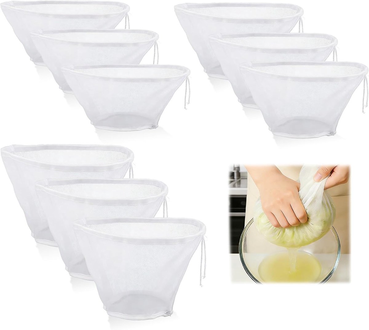 9 stuks 3 maten kaasdoek zak om te persen, komvormige nylon fijne zeefzakken, herbruikbare knijpzeef zakje voor notenmelk, sap, knoedelvullingen, plantaardige theefilter (3 maten)