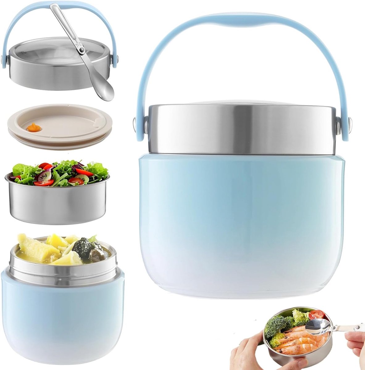 Thermocontainer voor eten, 1200 ml thermische lunchbox, thermokom met deksel, met opvouwbare lepel, warmhoudcontainer van roestvrij staal, draagbare thermokom, voor het opbergen van lunch, blauw