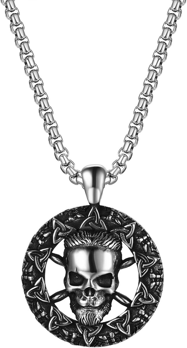 Sieraden halsketting heren retro punk roestvrij staal Viking Odin Keltische knoop doodskop ronde cirkel hanger met 55 cm ketting cadeau