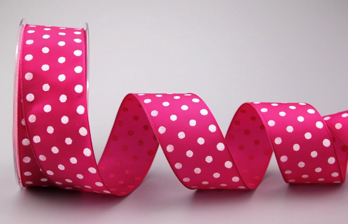 Decoratielint (€ 0,93/m) stippen, roze/wit, 20 m x 40 mm, rol, cadeaulint, stoffen lint met draad, 4 cm, taftlint, gestippeld, polkadot, vrolijk, Pasen, verjaardag, draadrand, kinderen, lint