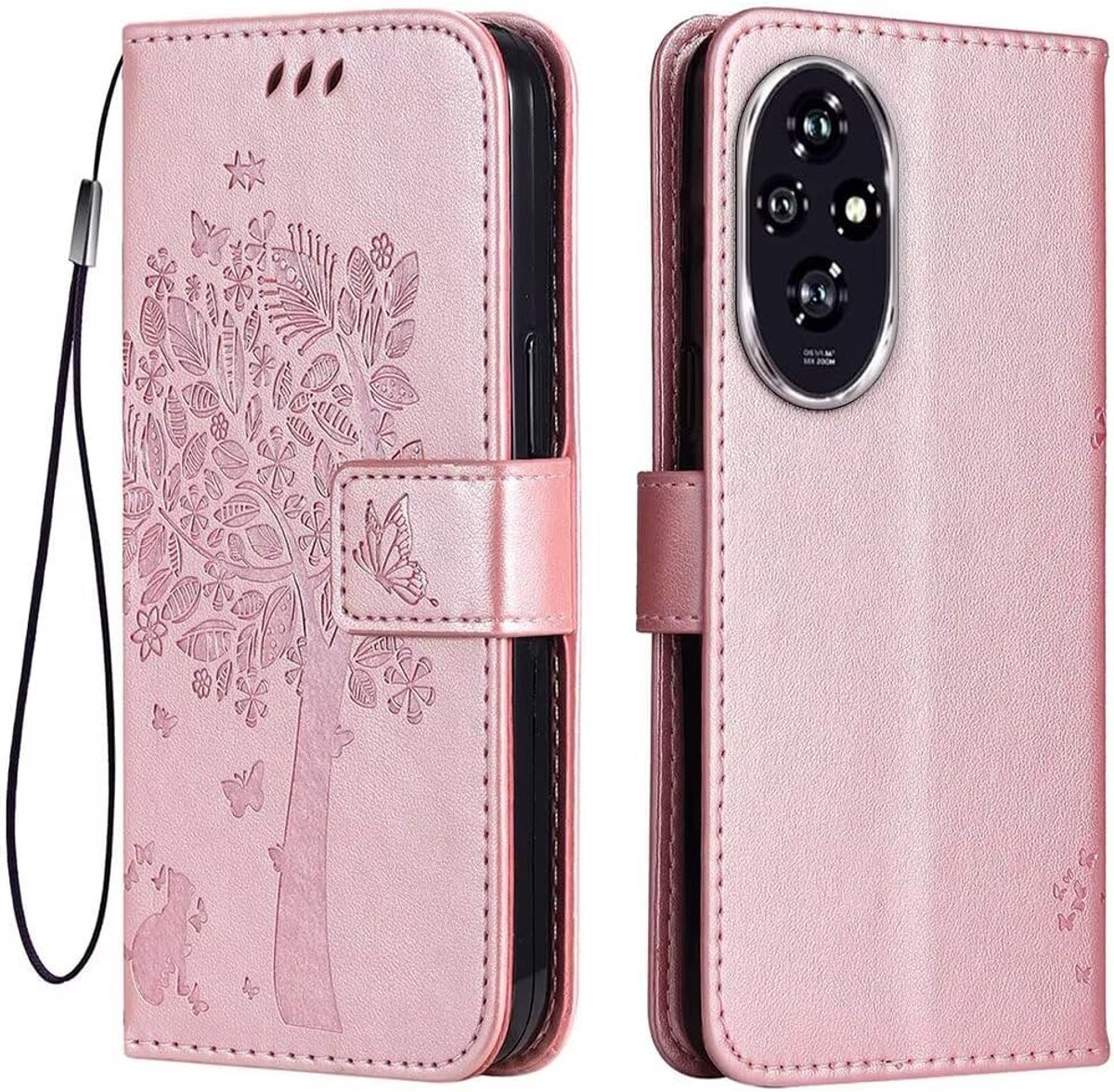 Leren hoesje voor HONOR 200 5G (6,7 inch) [kat en boomstijl telefoon] - roségoud