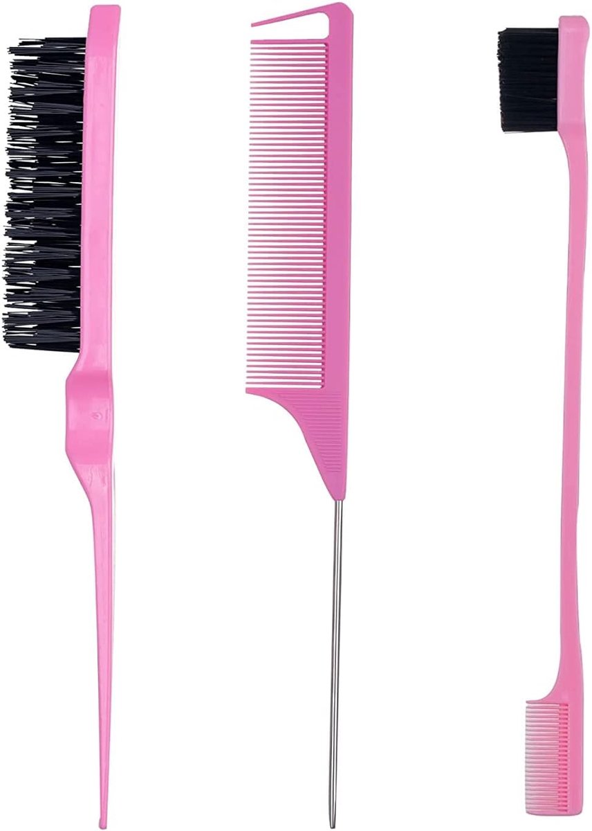 3 stuks haarstyling-kamset, teasing haarborstel, rattenstaartkam, randborstel voor rand- en rugborstels, kammen, slicking haar voor vrouwen (roze)
