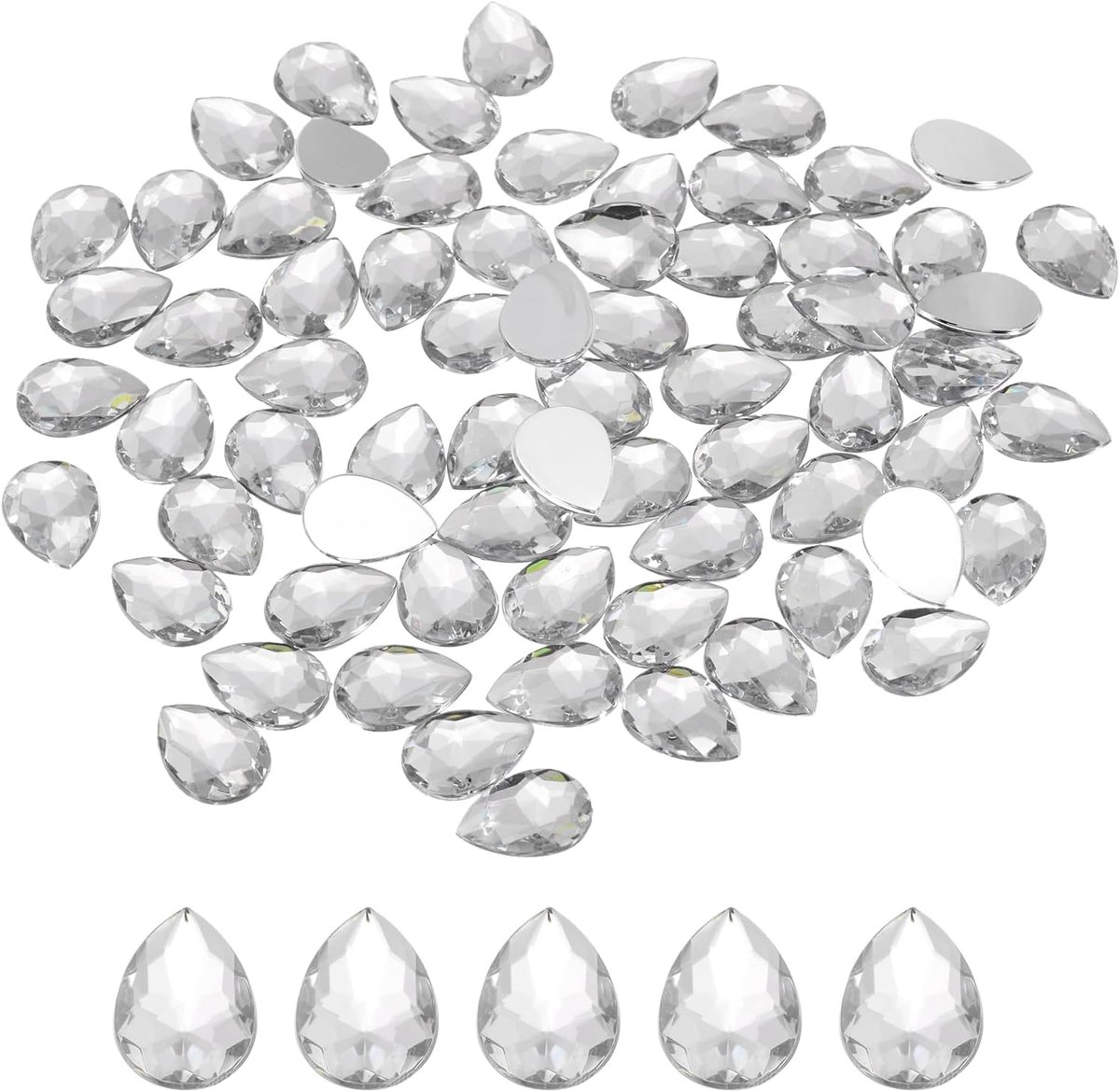 Strassteentjes met platte onderkant, glitterstenen om te knutselen, druppelvormige acrylkristallen, edelstenen voor kleding, schoenen, doe-het-zelfgeschenken, transparant, wit, 50 stuks