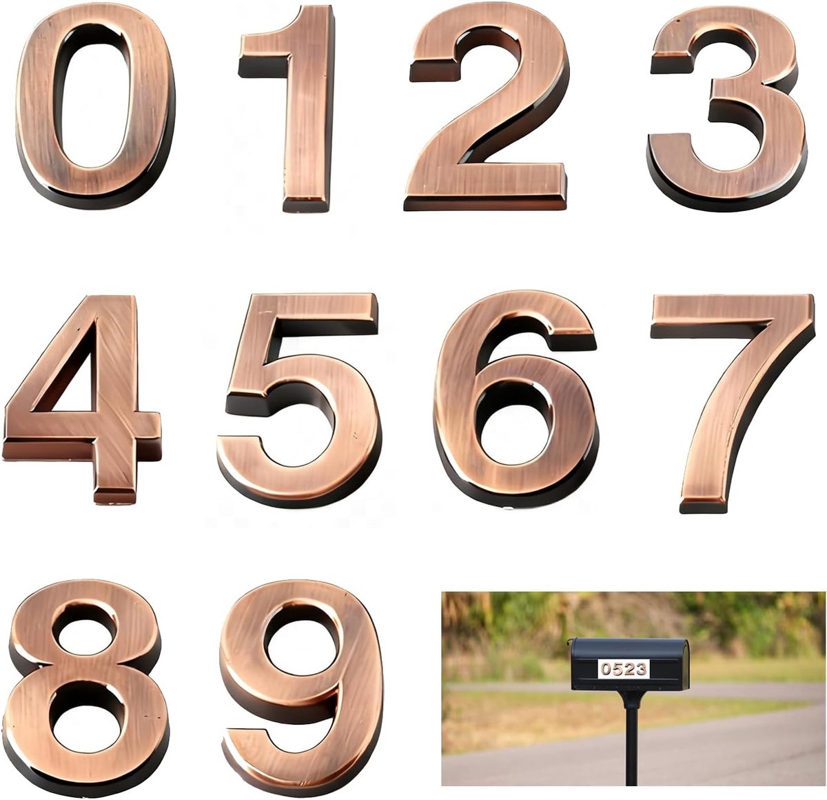 Huisnummer, zelfklevend, 10 stuks, huisnummerplaat, nummer 0 tot 9, 3D deurnummer, huisnummer, huisnummer, brievenbus, deurnummers, stickers tot 9, voor brievenbus, woning, kantoor (brons)