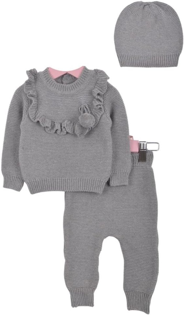 - Breiwaren-driedelige set - broek, trui en muts, Grijs - ruches, 6-9 Maanden