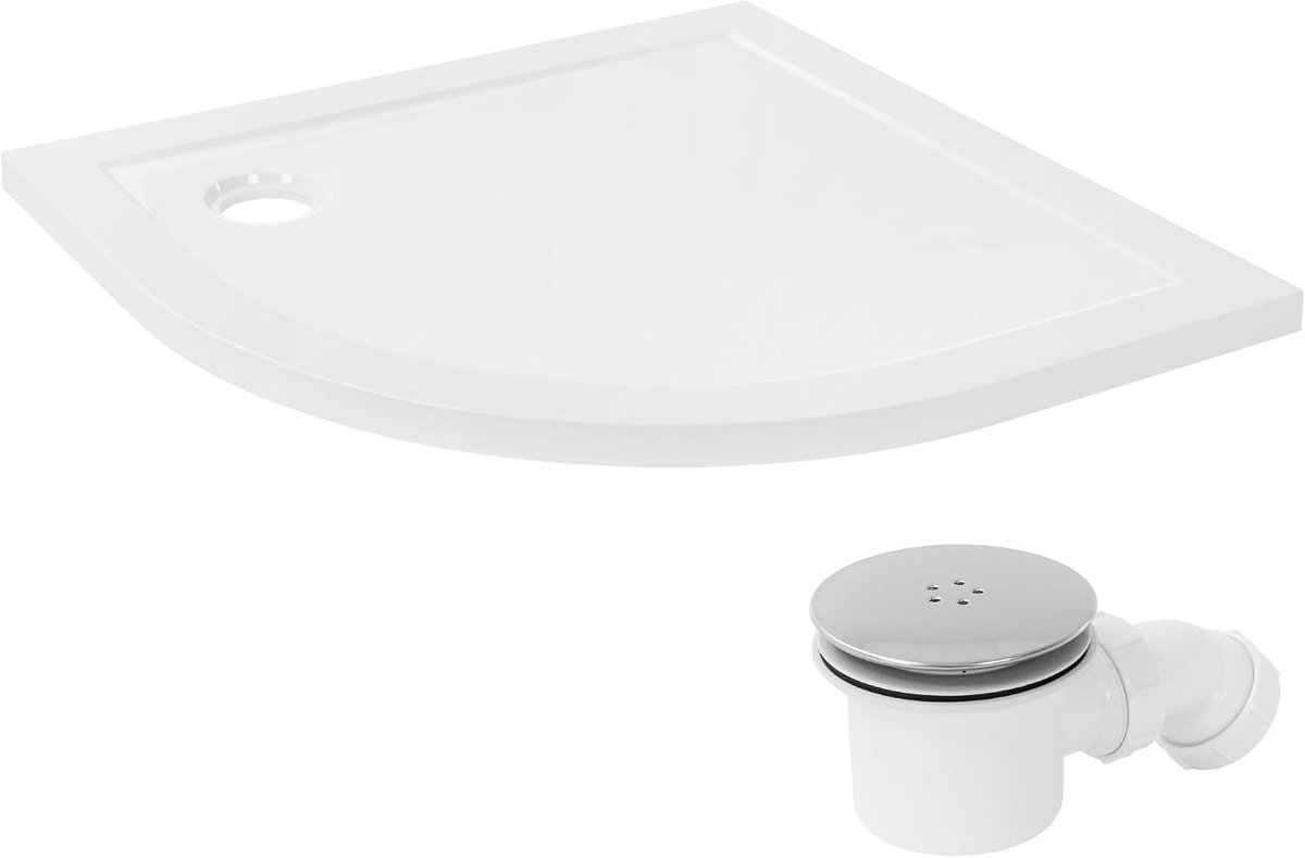 Douchebak 90x90 cm Wit met Afvoerset, Complete Douchevloer Set, Kwartronde Douchebasis H40 mm van SMC, Radius 55 cm, Hoogglans Afwerking, Extra Platte Douchetray met Sifon voor Badkamer