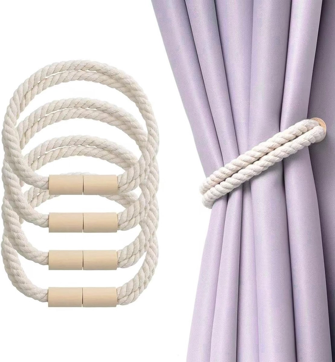 Set van 4 gordijnhouders, magnetisch, voor gordijnen, 50 cm, crèmewit, gordijnhouder, magnetisch, katoen/linnen, voor woonkamer, keuken, slaapkamer