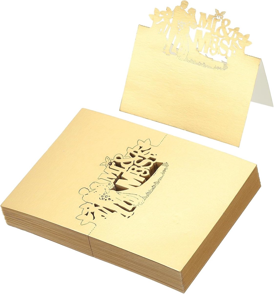 50 stuks bruiloft plaats kaarten, laser gesneden bruiloft tafel plaats kaart gevouwen tent kaart naam kaarten voor tafel instelling bruiloft receptie buffet, reflecterend goud