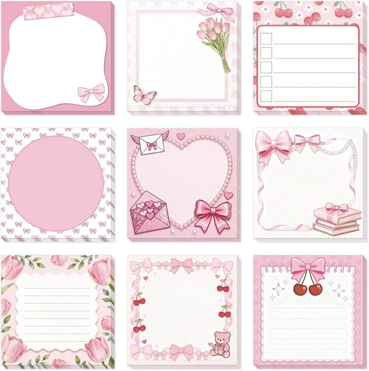 Zelfklevende notities, 9 blokken met 540 vellen, roze strikpatroon, 7,6 x 7,6 cm, zelfklevend, vierkant