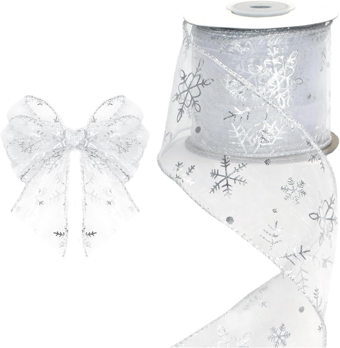 zilver, sneeuwvlokken chiffonlint, transparant met draadrand, 9,4 m, decoratief lint voor geschenken, strikken, doe-het-zelf Kerstmis, kerstbanden, cadeaulint Kerstmis