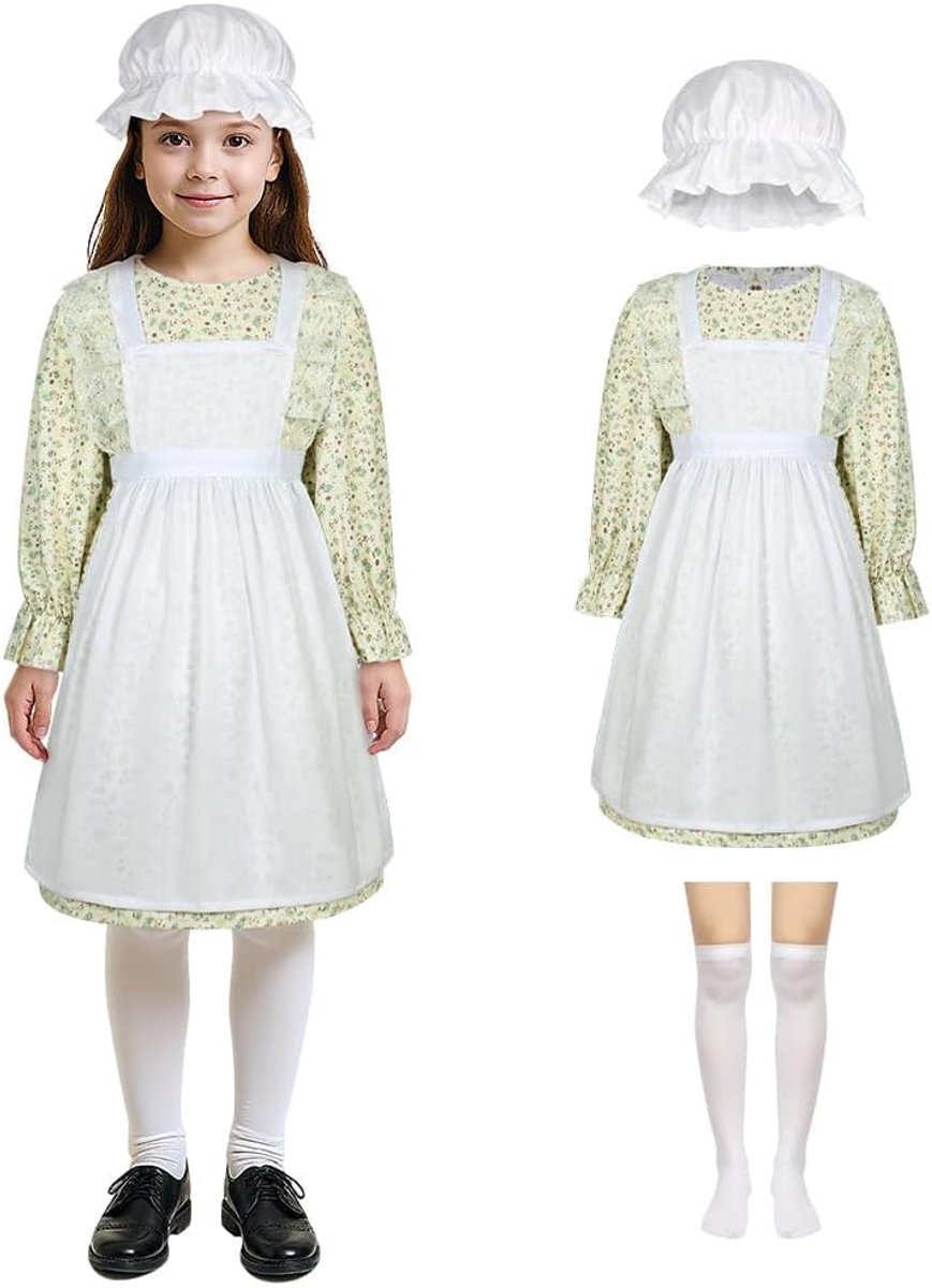 Victoriaans Dienstmeisjeskostuum voor Meisjes, Victoriaanse Dorpsmiddeleeuwse Jurk met Dweilmuts en Witte Sokken, Victoriaanse Arme Meisjesoutfit voor Kinderen, Kostuums voor Halloween-cosplay, Wereldboekendag