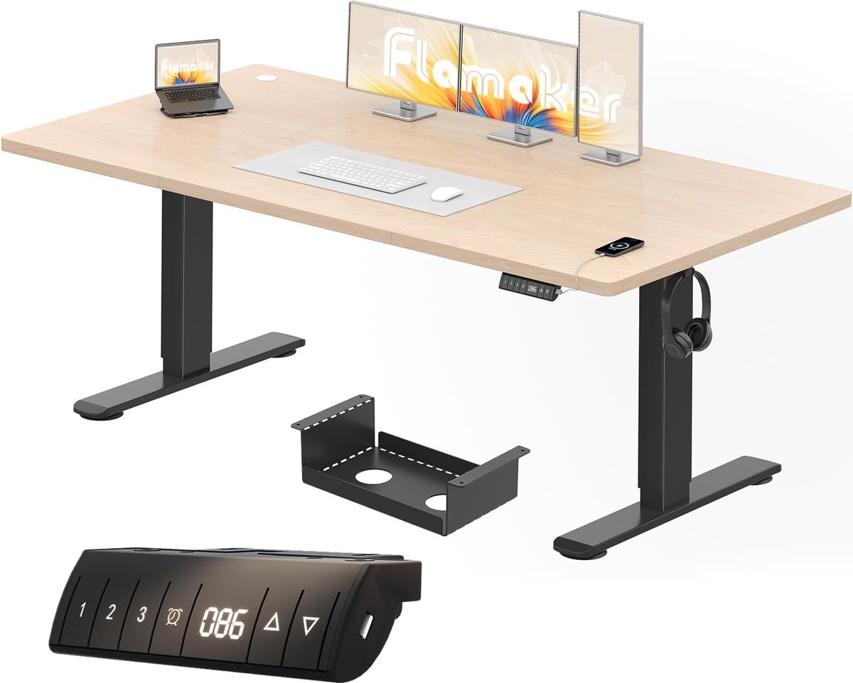 Flamaker in Hoogte Verstelbaar Bureau 180 x 80 cm, Elektrisch Hoogte Verstelbaar Bureau met Geheugenfunctie, Computerbureau met Kabelbeheer, Sta-werkplek, Bureau, Beige&Zwart