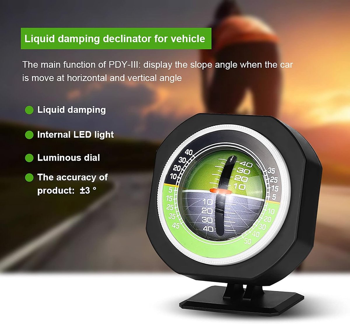 Autohoek-inclinometer voor auto, led, verlicht, hellingsmeter, kantelmeter, 8 x 5,2 cm, 3,7 cm, voor nachtritten, hellingsmeter ca