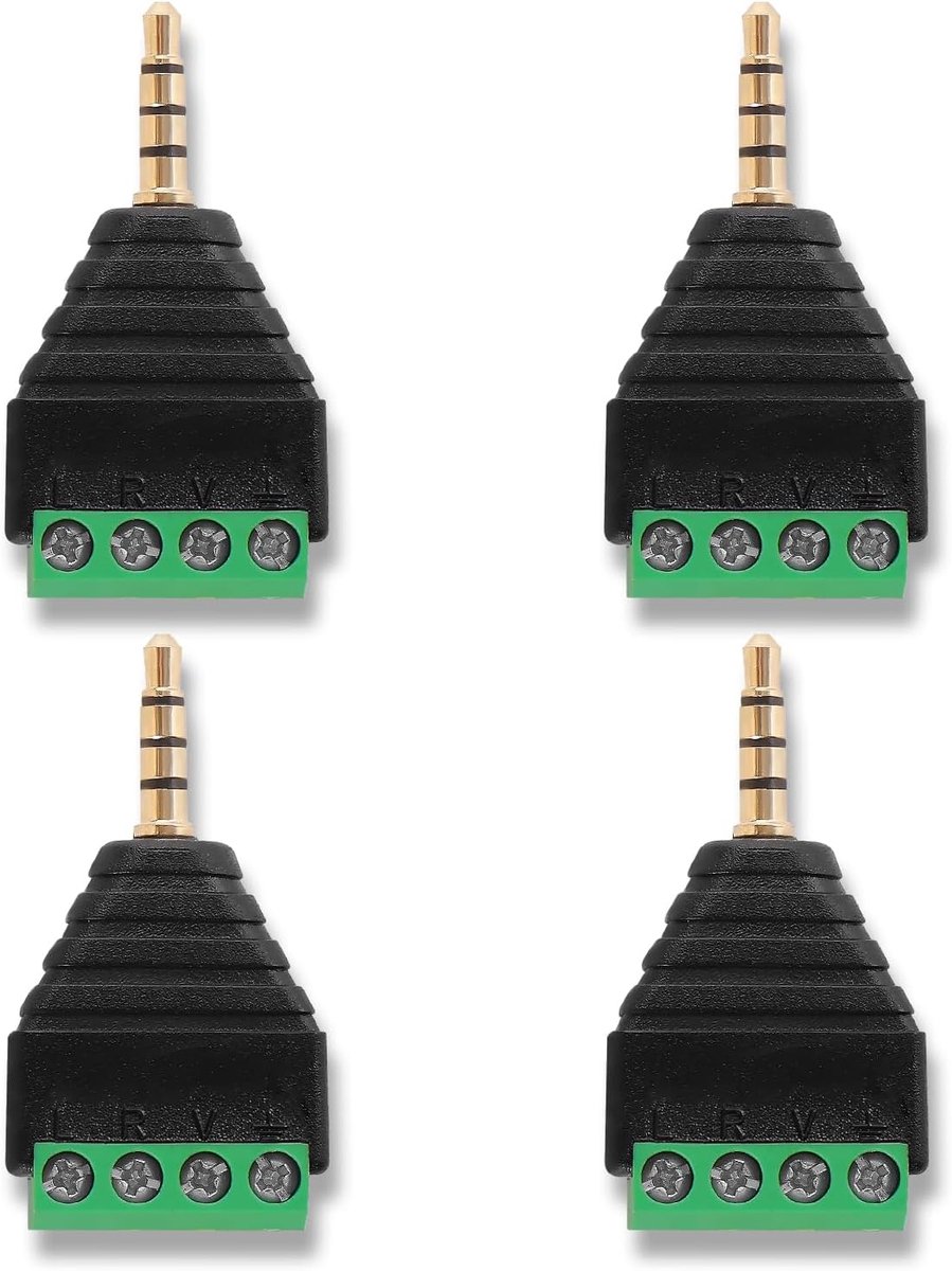 4 Stuks 3.5mm Stereo TRRS Audio-Video Mannelijk naar 4-Pins Schroefaansluitingen, Hoofdtelefoon Balun Soldeerloze Converteradapter met Schroevendraaier