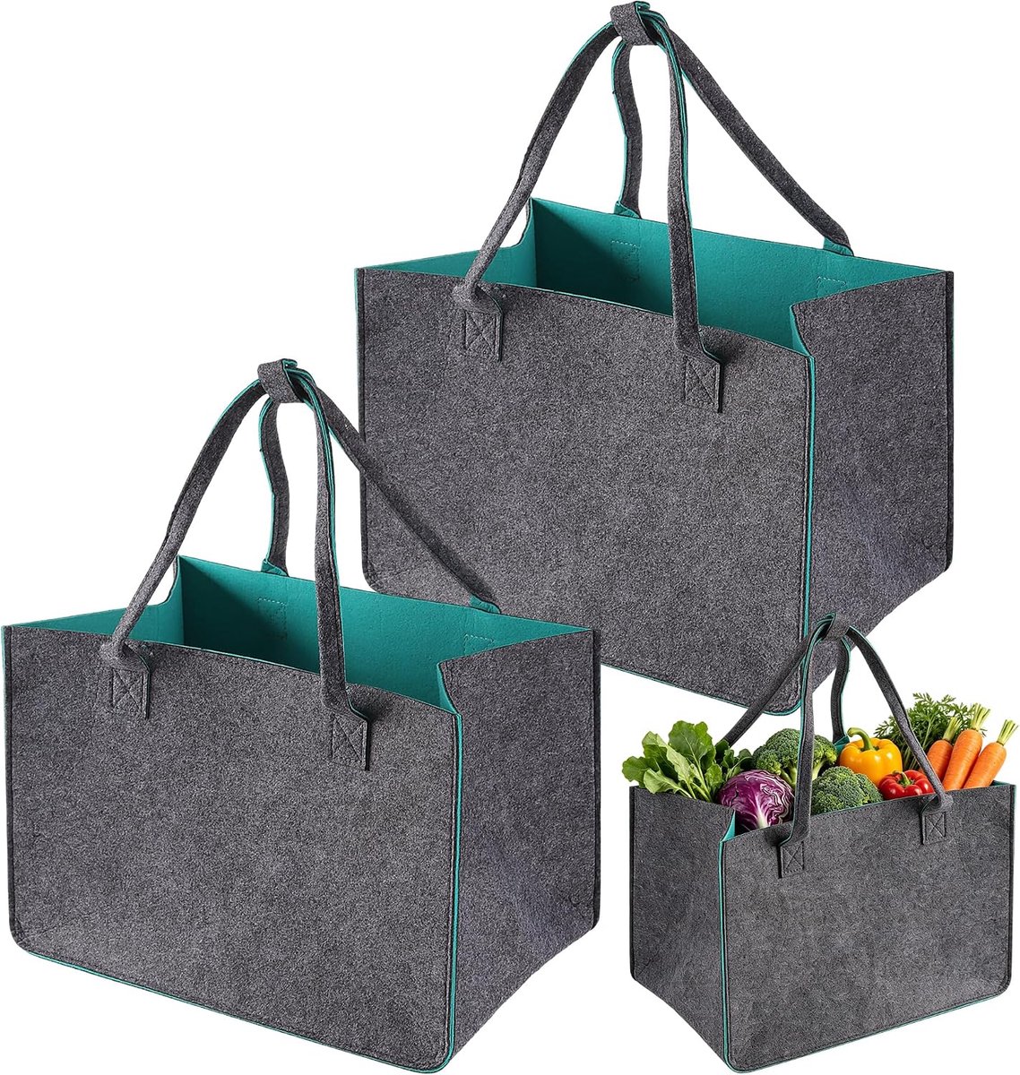 Tas met handvat, 3 stuks, 30 liter, 40 x 27 x 27 cm, groot, vilten draagtas met binnenvak en sluiting, opvouwbare boodschappentas voor werkweg en vrije tijd winkelen